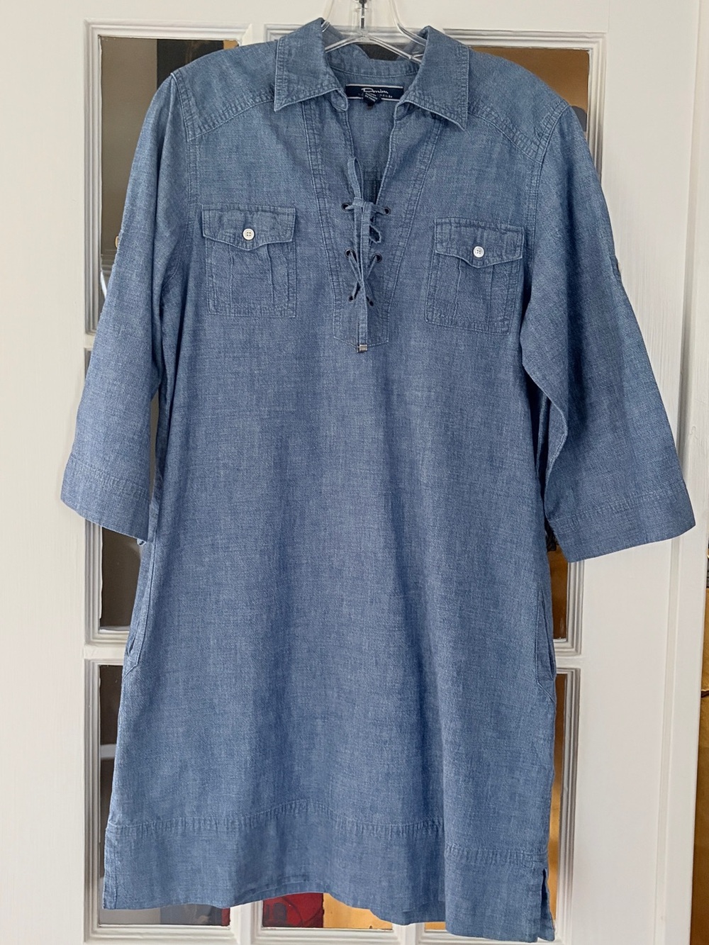 Tommy Bahama Denim Lace Up Tunic Dress SZ M Chambray Roll Tab Sleeve Pockets⁠